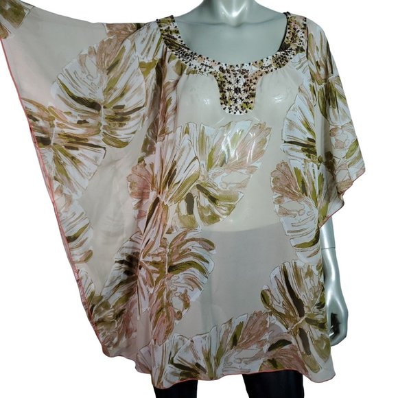 Lane Bryant Tops - Lane Bryant Poncho Top Plus Size 22/24 Beaded Sheer Kimono Sleeve Pullover Multi